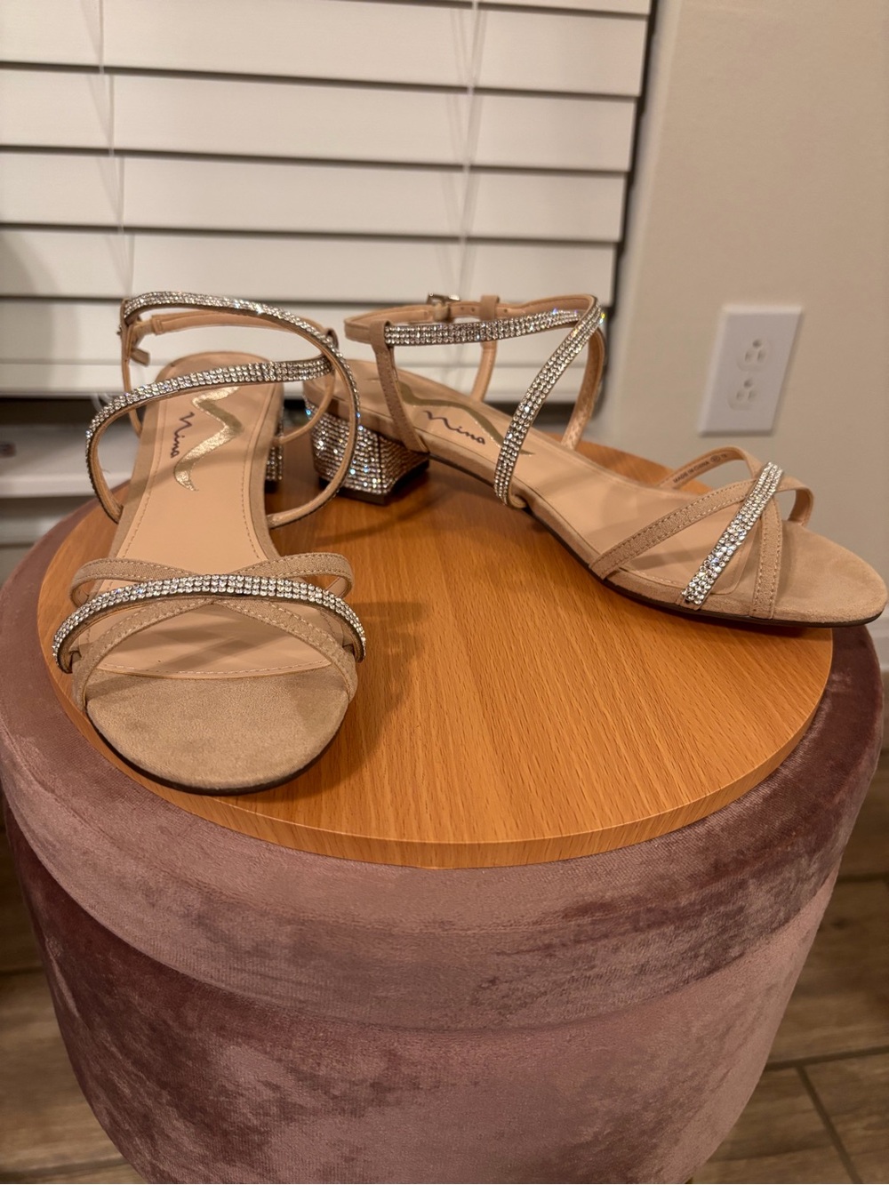 Nina Nude Rhinestone Strappy Block Heel Sandals